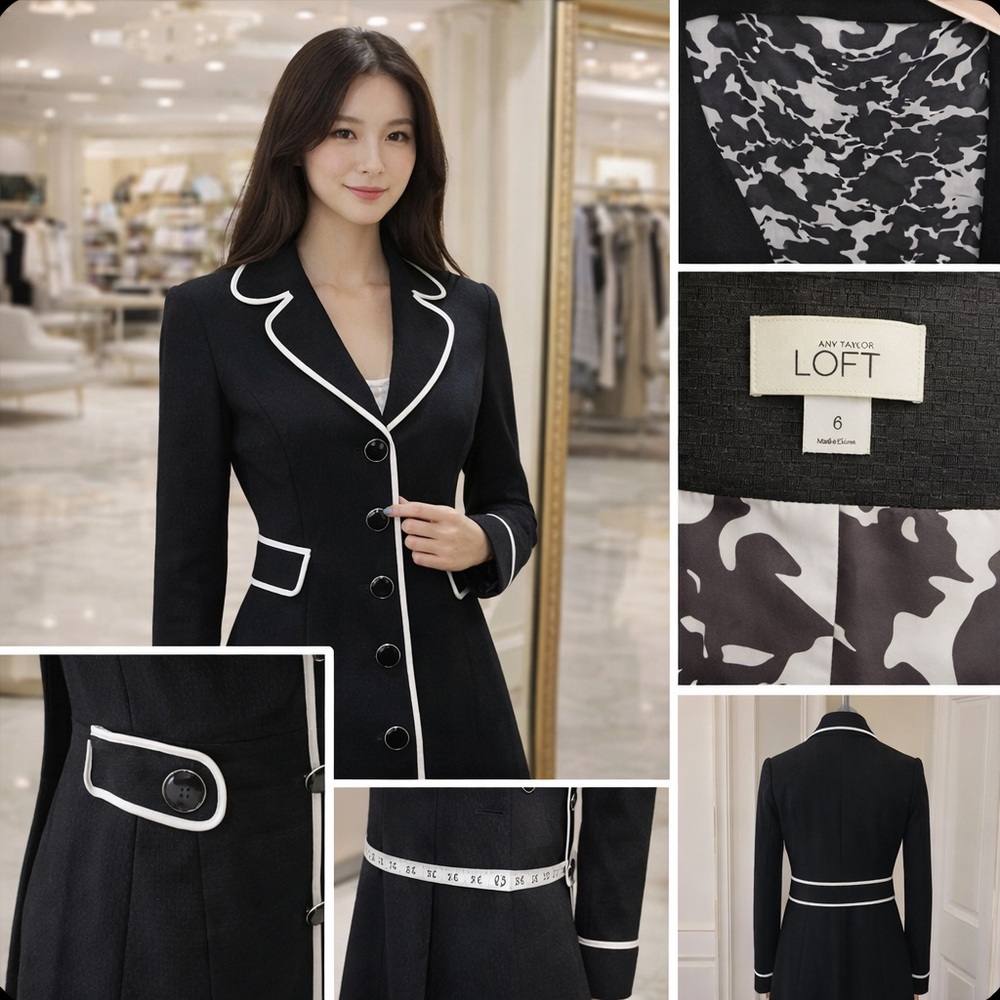 Ann Taylor LOFT Black Coat w White Piping – Tailored Vintage Style Jacket Size 6 - Picture 2 of 12